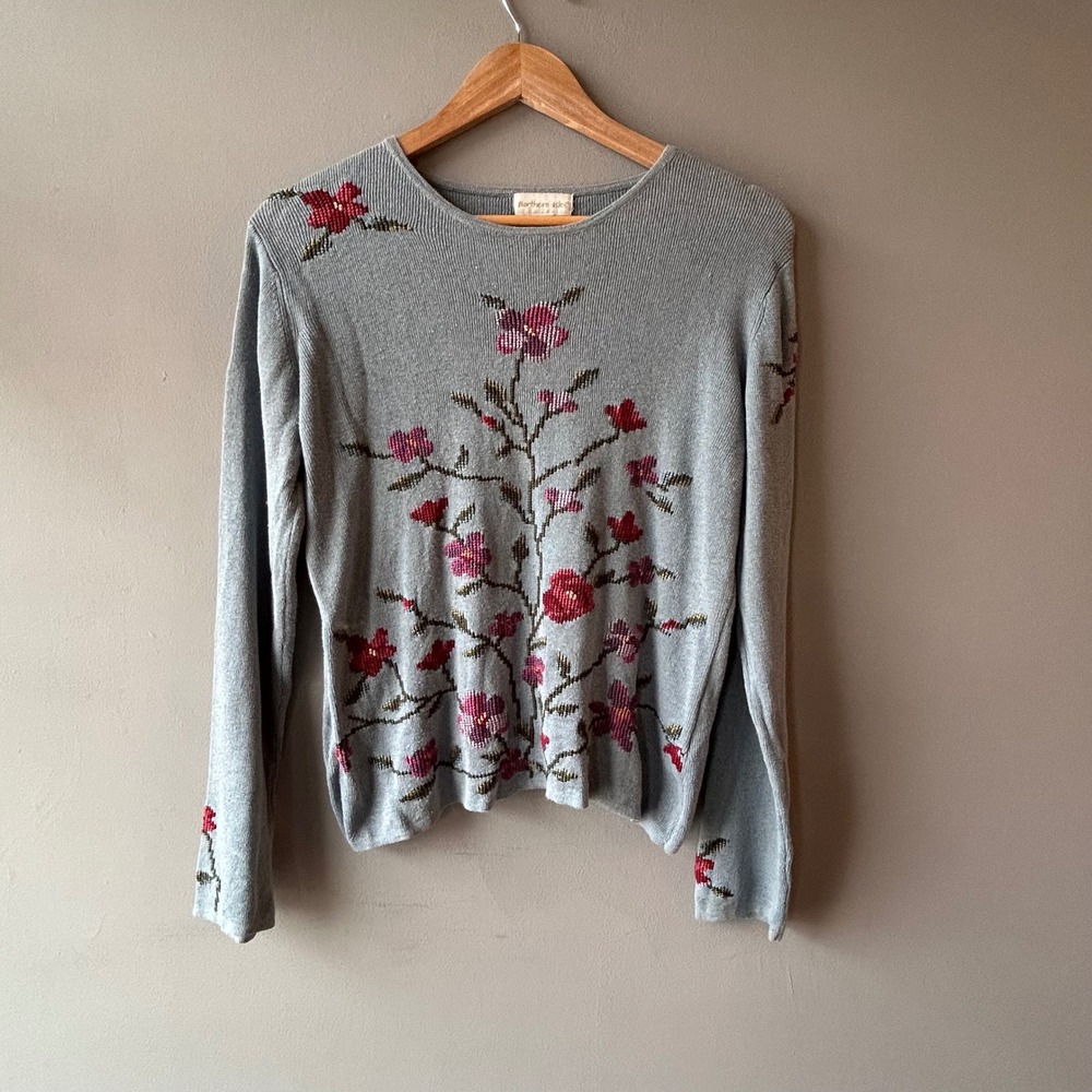 Northern Isles Womens Large Linen Cotton Floral Knit Sweater Blue Long Sleeve L